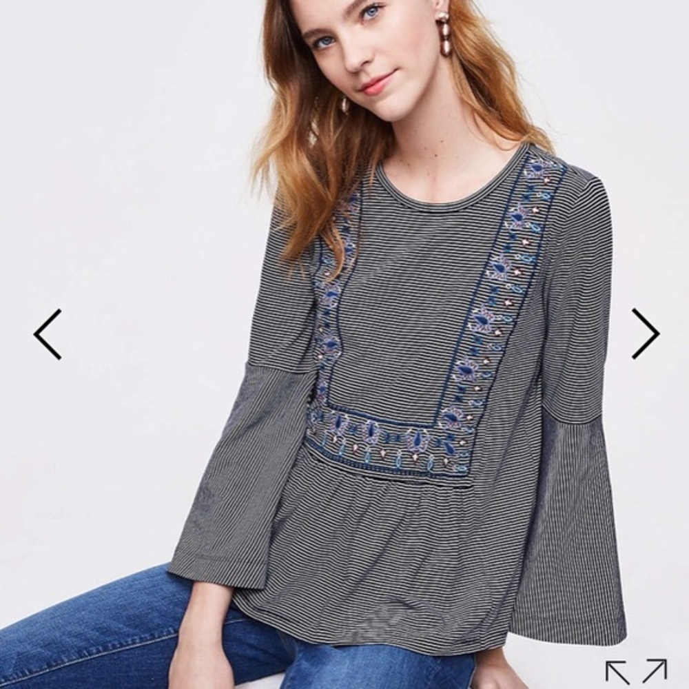 LOFT Striped Embroidered Bell Sleeve Tunic